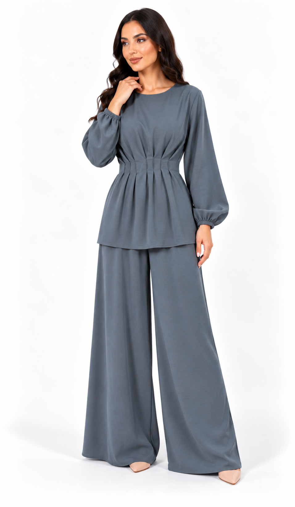 Completo Donna Elegante con Blusa Plissettata e Pantaloni Palazzo