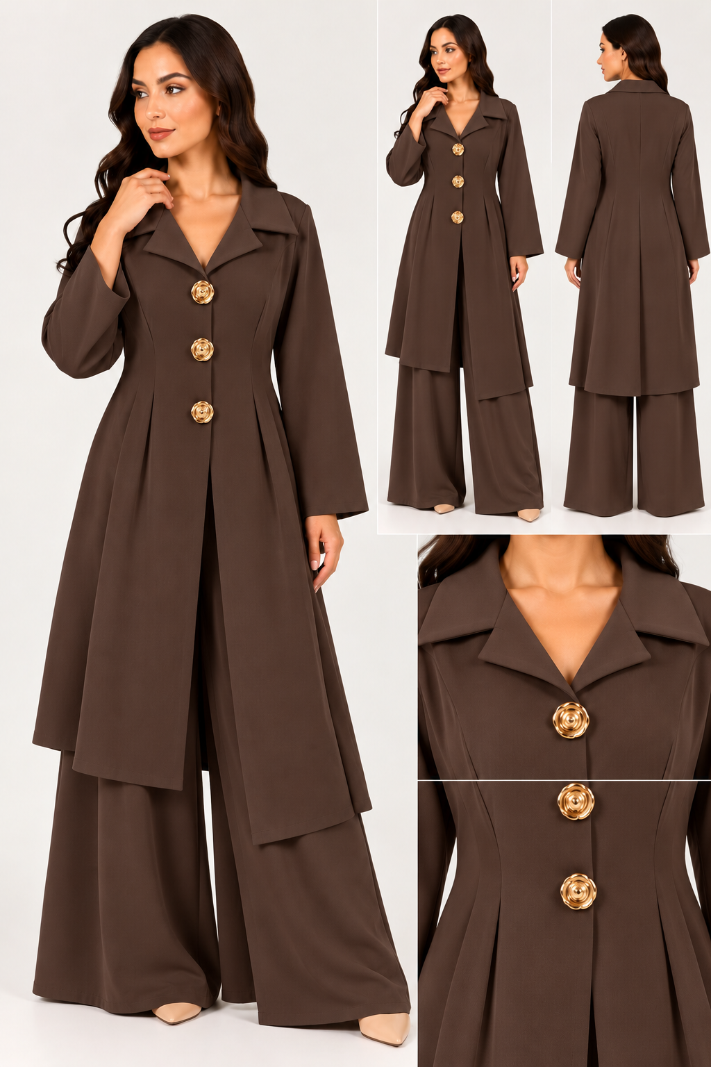 Completo Donna Elegante con Blazer Lungo e Bottoni Gioiello – Pantaloni Palazzo