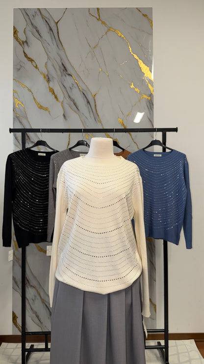 Strickpullover mit Strass in Wellenstreifen