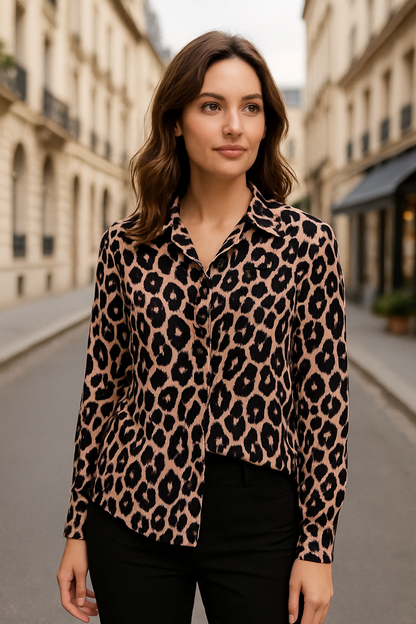 Camicia Elegante a Manica Lunga con Stampa Leopard per Donna&nbsp;