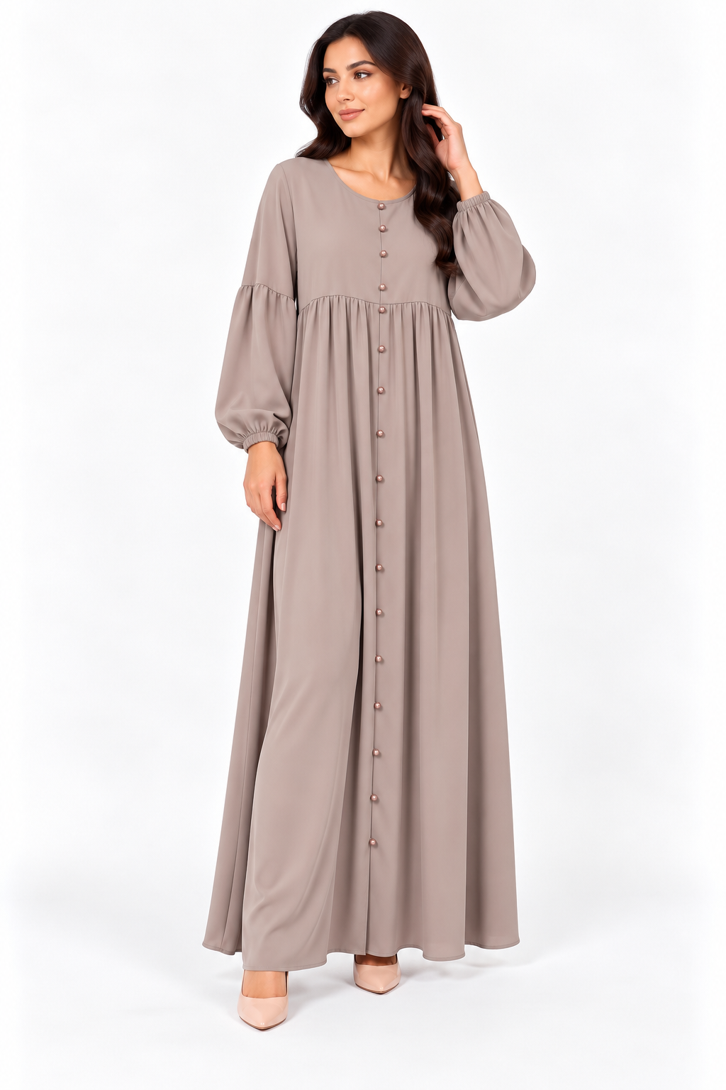 Abito Lungo Donna con Bottoncini e Maniche a Palloncino – 4 Colori