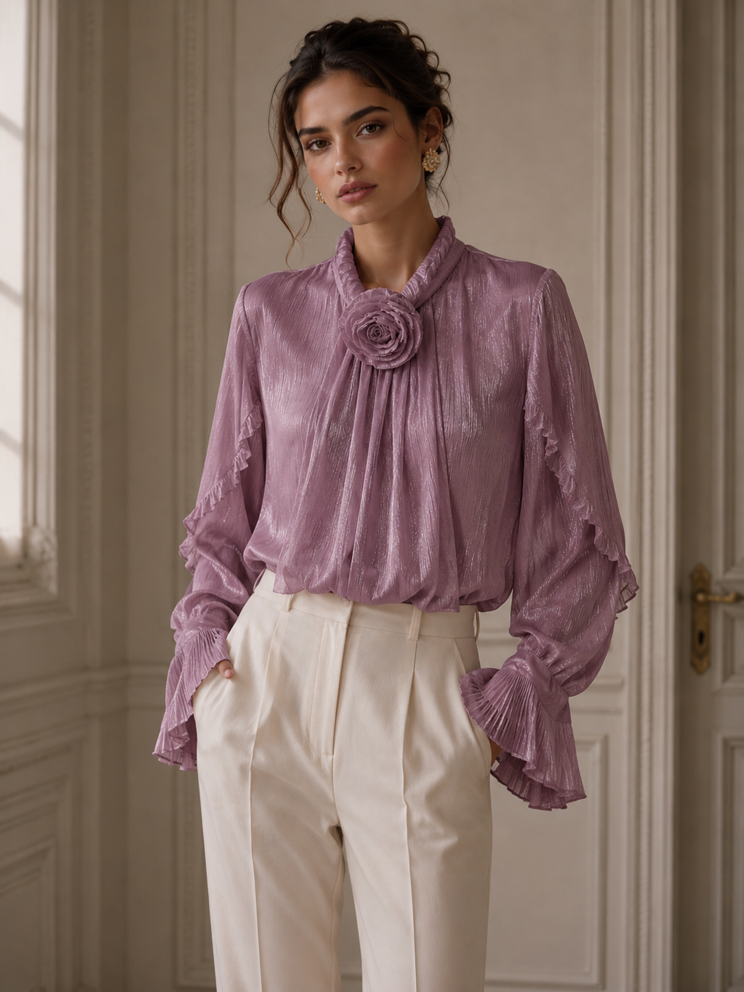 Blusa con Ruches e Rosa