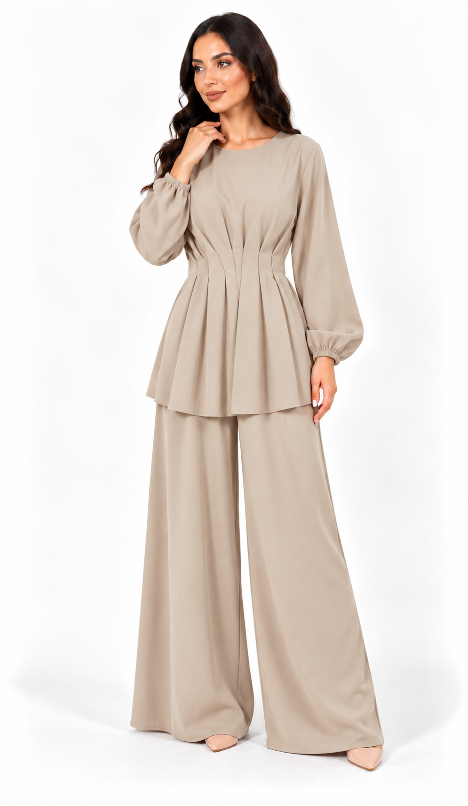 Completo Donna Elegante con Blusa Plissettata e Pantaloni Palazzo