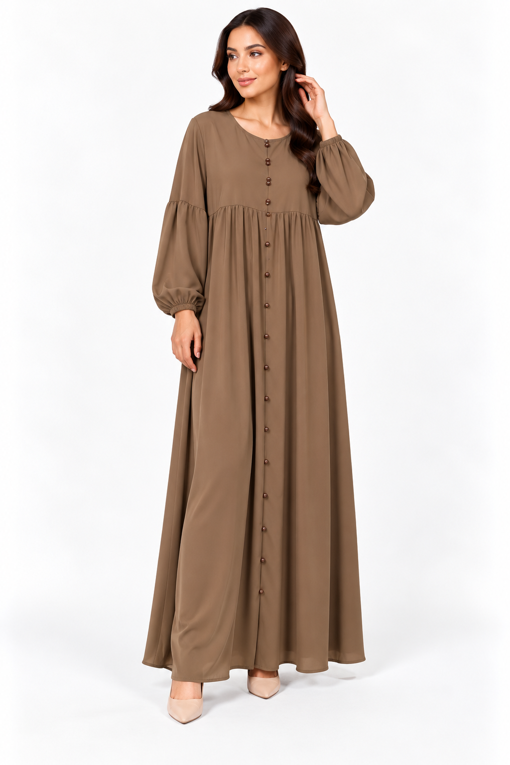 Abito Lungo Donna con Bottoncini e Maniche a Palloncino – 4 Colori