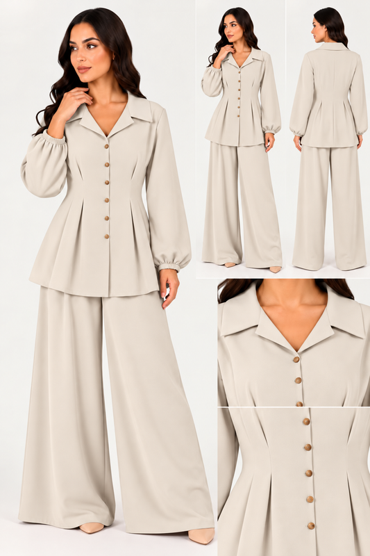 Completo Donna Elegante con Blusa Sagomata e Pantaloni Palazzo – Sofia
