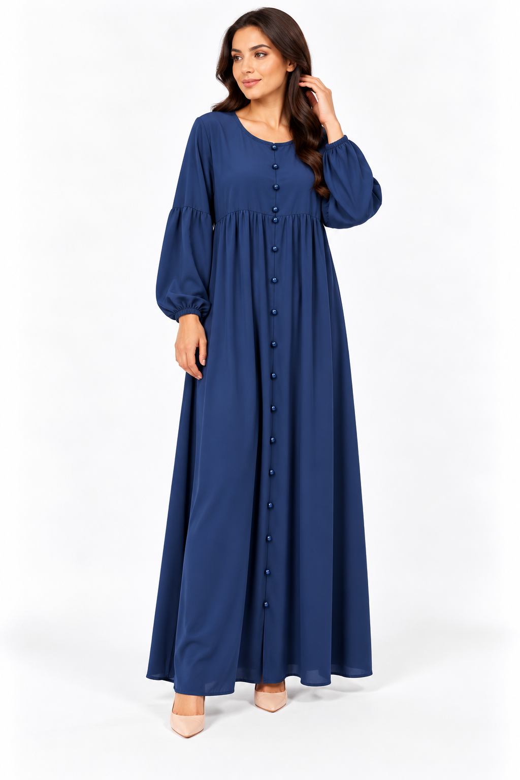 Abito Lungo Donna con Bottoncini e Maniche a Palloncino – 4 Colori