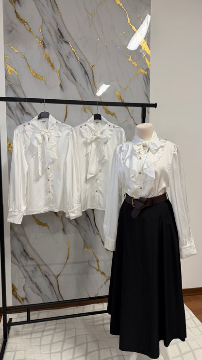 Camicia Raso Avorio con Fiocco | Bottoni Gioiello