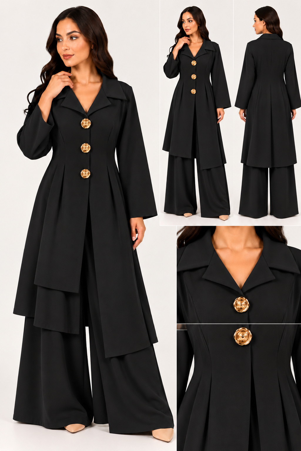 Completo Donna Elegante con Blazer Lungo e Bottoni Gioiello – Pantaloni Palazzo