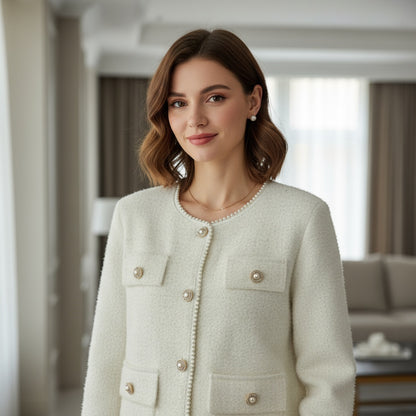 Cardigan Elegante in Lana Bouclé con Bottoni Gioiello