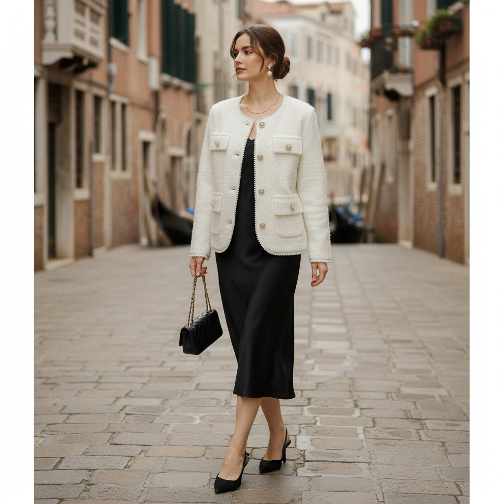 Cardigan Elegante in Lana Bouclé con Bottoni Gioiello