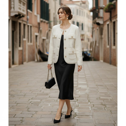 Cardigan Elegante in Lana Bouclé con Bottoni Gioiello
