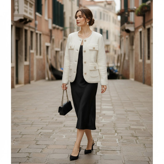 Cardigan Elegante in Lana Bouclé con Bottoni Gioiello