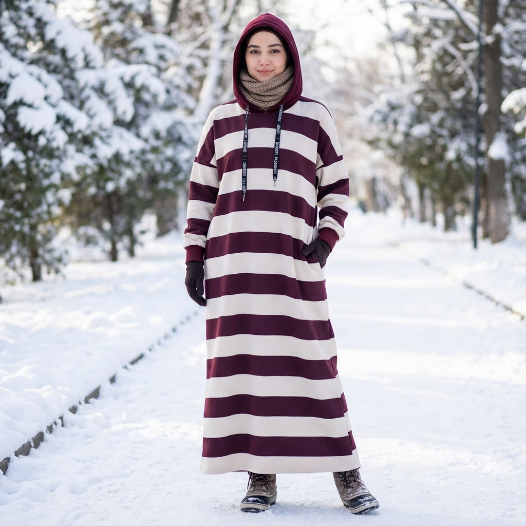 Abaya Invernale a Righe  – Eleganza e Comfort