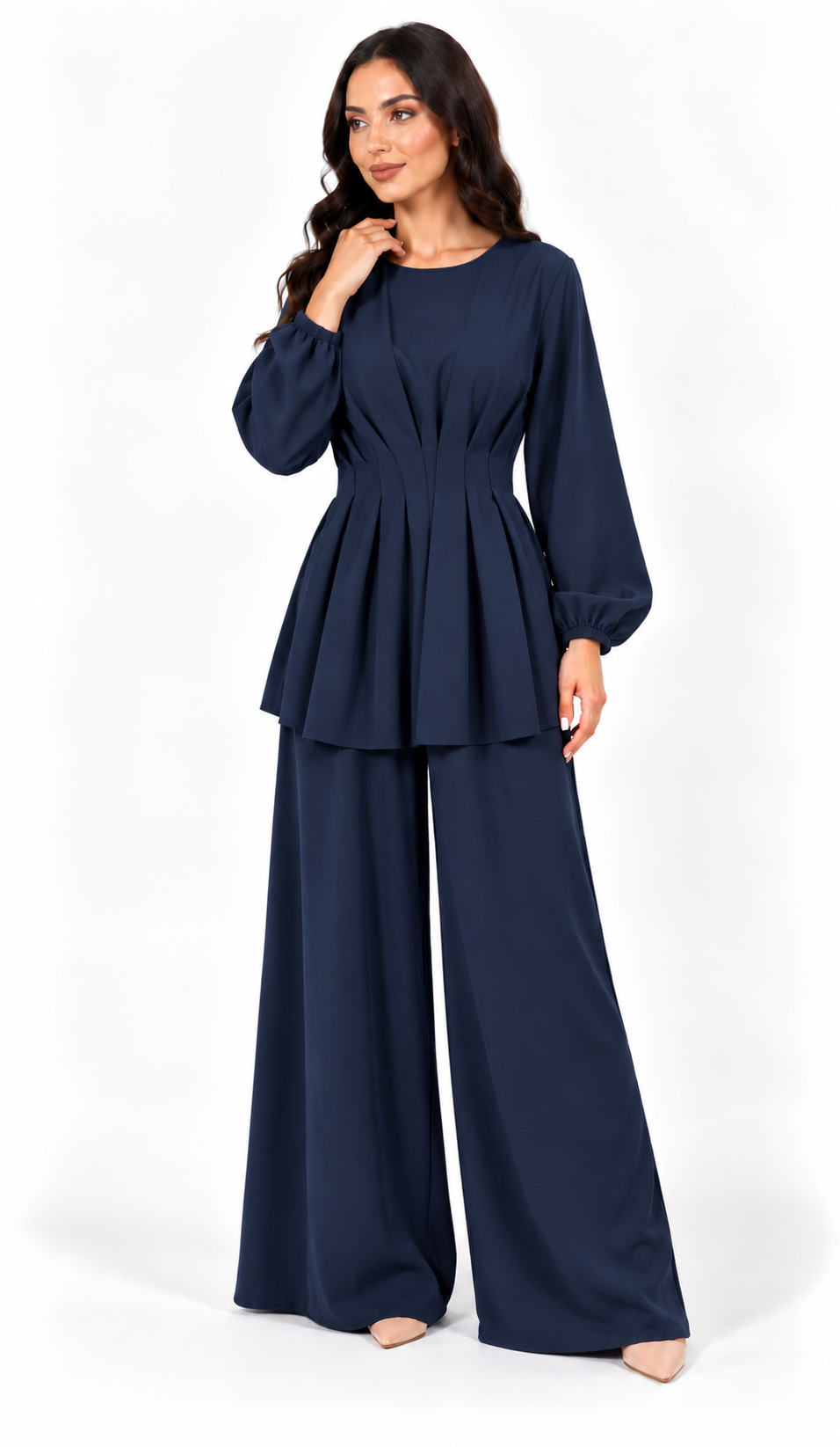 Completo Donna Elegante con Blusa Plissettata e Pantaloni Palazzo