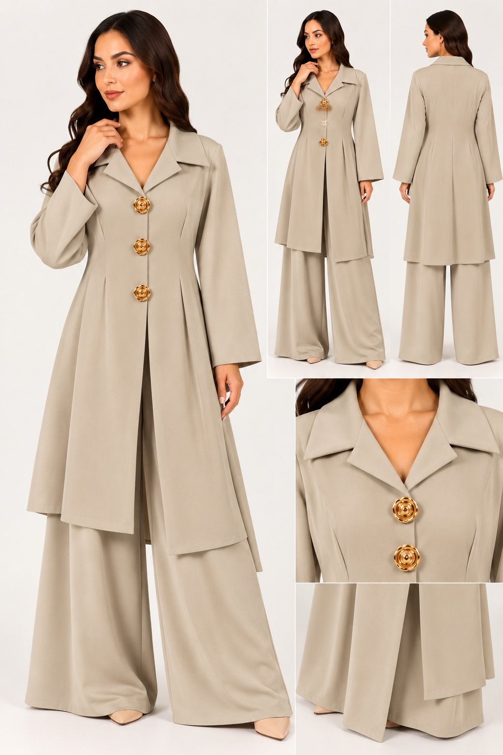 Completo Donna Elegante con Blazer Lungo e Bottoni Gioiello – Pantaloni Palazzo